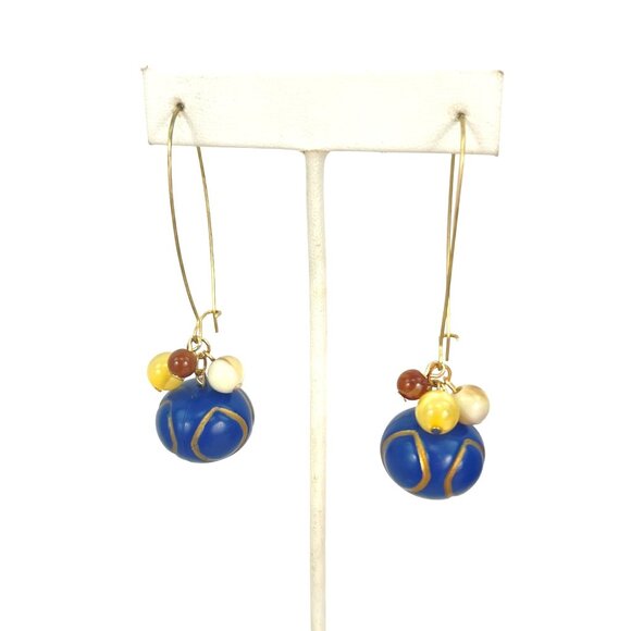 Handcrafted Boho Blue Wood Beaded Dangle Earrings - Picture 7 of 8